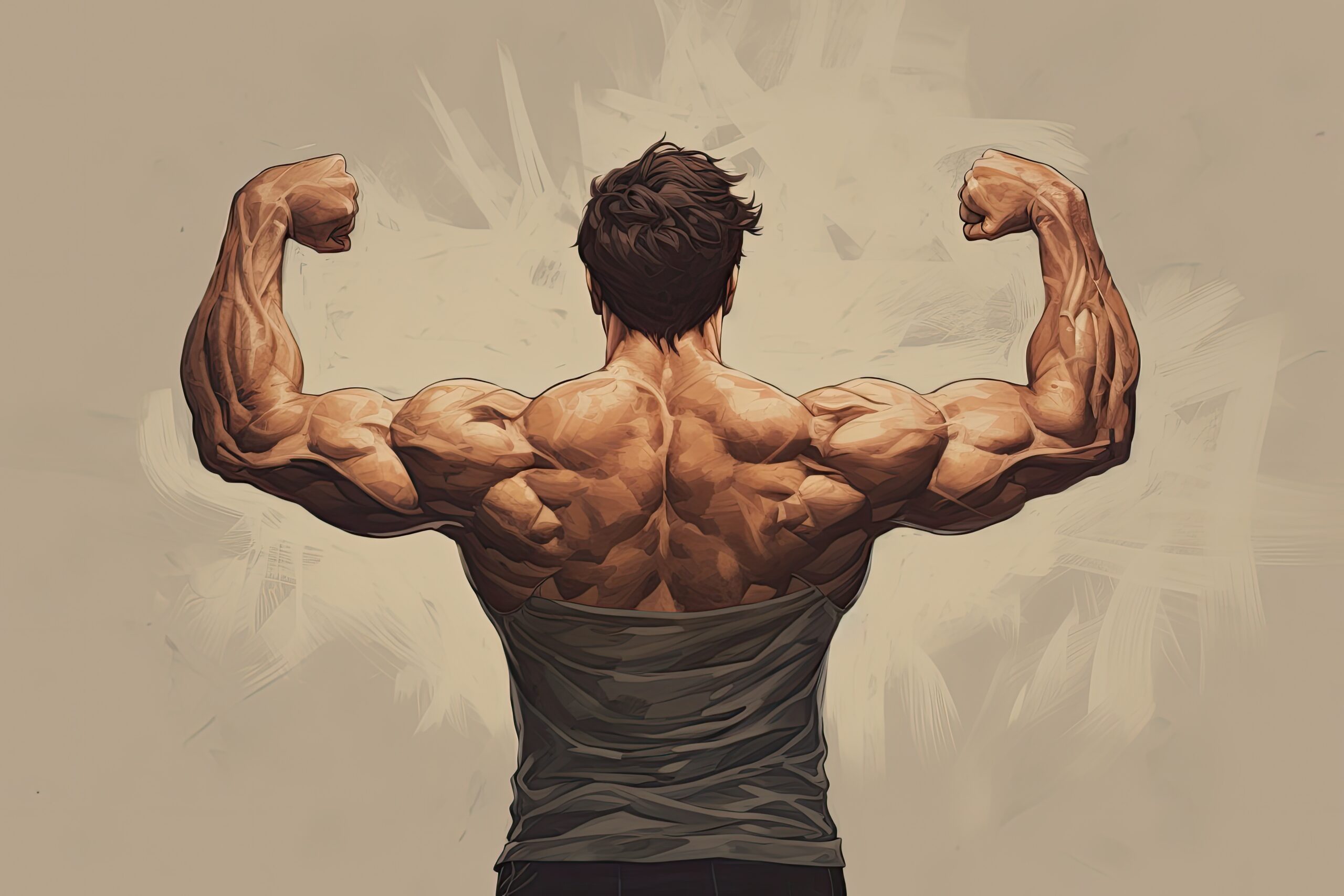 Muscular man flexing his muscles in front of a grunge background, Rear view of a muscular young man with arms stretched out, detailed muscles, AI Generated